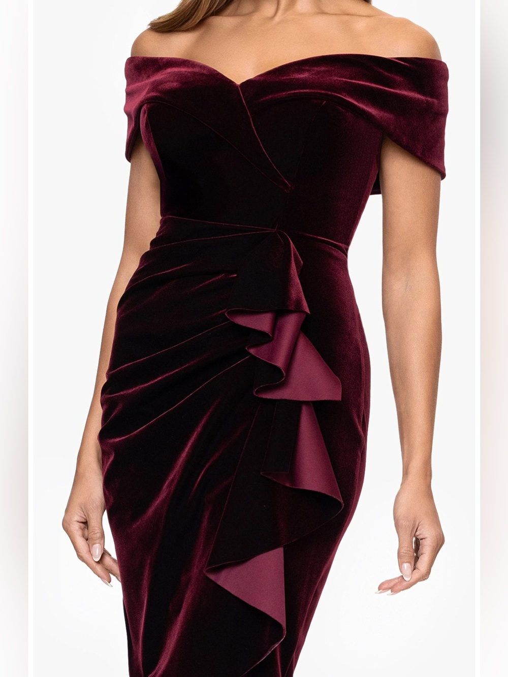 Xscape NEW Ruched Ruffle Off the Shoulder Velvet Cocktail Dress Burgundy
